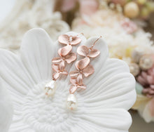 Load image into Gallery viewer, Rose Gold Earrings, Bridal Earrings, Wedding Jewelry, Bridesmaid Gift, Orchid Flower Cream White Pearls Long Dangle Earrings, Bridal Jewelry
