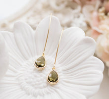 Load image into Gallery viewer, Olive Olivine Green Teardrop Long Dangle Earrings in Gold, Olive Olivine Wedding Jewelry, Bridesmaid Gift, Christmas Gift, Gift for Mom
