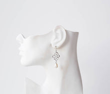 Load image into Gallery viewer, Silver Celtic Knot Earrings, Bridal Earrings, Wedding Jewelry, Silver Filigree Cream White Teardrop Pearl Dangle Earrings, infinity jewelry
