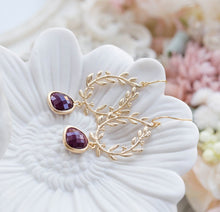 Load image into Gallery viewer, Burgundy Earrings, Maroon Burgundy Wedding Jewelry, Bridesmaid Earrings, Gold Laurel Wreath Dangle Earrings, Dark Red Chandelier Earrings
