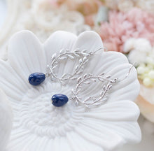 Load image into Gallery viewer, Navy Blue Earrings, Navy Wedding Jewelry, Silver Bridal Earrings, Bridesmaid Gift, Laurel Wreath Navy Blue Pearl Dangle Earrings
