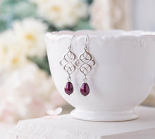 Load image into Gallery viewer, Plum Pearl Earrings, Burgundy Maroon earrings, Silver Celtic Knot Earrings, Plum Wedding Jewelry, Bridal Earrings, Bridesmaid Gift for her
