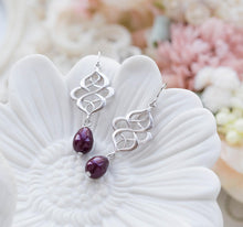 Load image into Gallery viewer, Plum Pearl Earrings, Burgundy Maroon earrings, Silver Celtic Knot Earrings, Plum Wedding Jewelry, Bridal Earrings, Bridesmaid Gift for her
