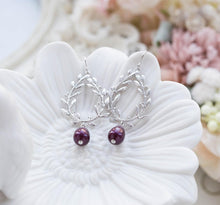 Load image into Gallery viewer, Plum Wedding Jewelry, Silver Bridal Earrings, Burgundy Wedding Earrings, Bridesmaid Gift, Laurel Wreath Earrings, Gift for Her
