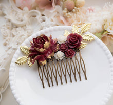 Load image into Gallery viewer, Burgundy Maroon Marsala Dark Red Rose Flower Hair Comb with Gold Leaf Branches, Bridal Hair Comb, Wedding Hair Comb, Large Hair Slide
