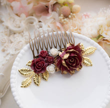 Load image into Gallery viewer, Burgundy Maroon Marsala Dark Red Rose Flower Hair Comb with Gold Leaf Branches, Bridal Hair Comb, Wedding Hair Comb, Large Hair Slide
