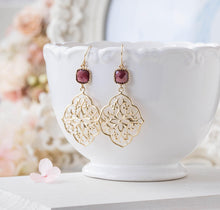 Load image into Gallery viewer, Burgundy and Gold Earrings Wedding Jewelry Bridal Earrings Bridesmaid Gift Maroon Earrings Gold Filigree Anniversary Gift for Her Wife Mom
