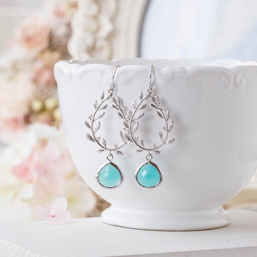 Silver Olive Branch Wreath Ocean Blue Crystal Earrings