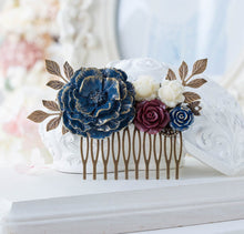 画像をギャラリービューアに読み込む, Navy Blue Burgundy Hair Comb, Fall Wedding Bridal Comb, Rustic Vintage Wedding, Antiqued Gold Leaf Floral Hair Piece, Navy Blue Maroon Red
