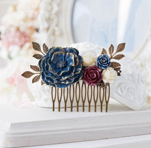 画像をギャラリービューアに読み込む, Navy Blue Burgundy Hair Comb, Fall Wedding Bridal Comb, Rustic Vintage Wedding, Antiqued Gold Leaf Floral Hair Piece, Navy Blue Maroon Red
