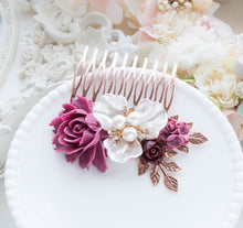 画像をギャラリービューアに読み込む, Plum Burgundy Wedding Rose Gold Bridal Hair Comb White Pearl Crystal Rhinestones Leaf Comb Bridesmaid Gift Bridal Hair Piece Vintage Wedding
