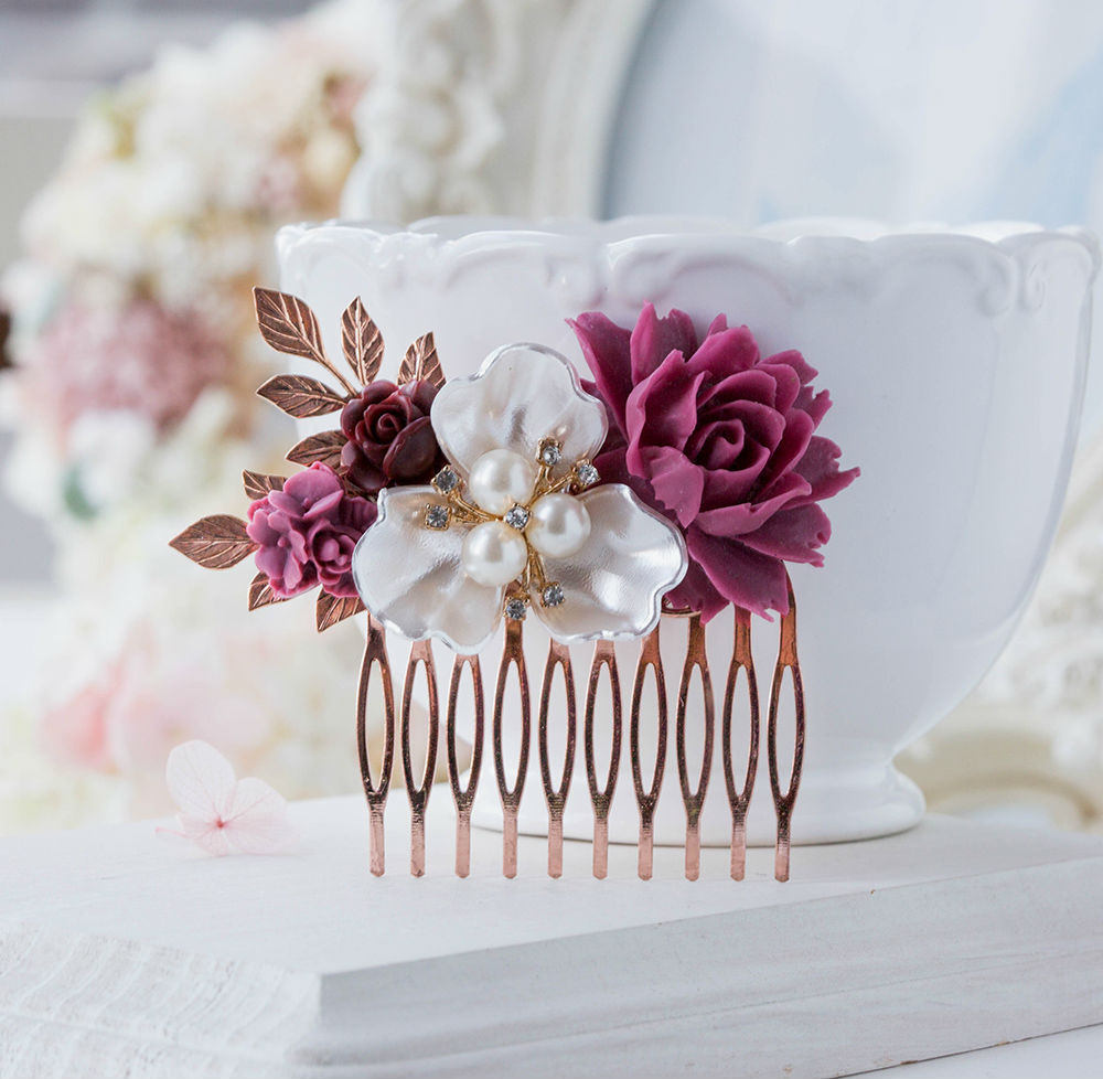 Plum Burgundy Wedding Rose Gold Bridal Hair Comb White Pearl Crystal Rhinestones Leaf Comb Bridesmaid Gift Bridal Hair Piece Vintage Wedding