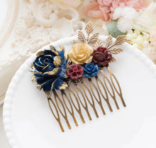 画像をギャラリービューアに読み込む, Navy Blue Gold Burgundy Bridal Hair Comb Fall Autumn Wedding Hair Accessory Antiqued Gold Leave Branches Rustic Vintage Country Chic
