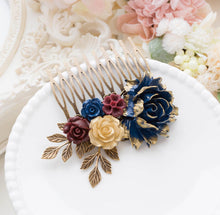 画像をギャラリービューアに読み込む, Navy Blue Gold Burgundy Bridal Hair Comb Fall Autumn Wedding Hair Accessory Antiqued Gold Leave Branches Rustic Vintage Country Chic
