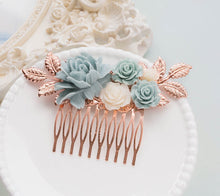 画像をギャラリービューアに読み込む, Powder Blue Rose Gold Hair Comb Something Blue Wedding Bridal Hair Comb Floral Collage Leaf Branch Hair Piece Romantic Vintage Country Chic
