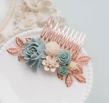 Load image into Gallery viewer, Rose Gold Bridal Comb Powder Blue Wedding Hair Accessory Something Blue Hairpiece Romantic Vintage Country Garden Wedding Rose Floral Leaf
