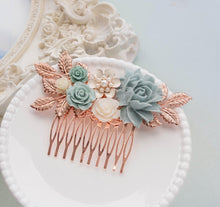 Load image into Gallery viewer, Rose Gold Bridal Comb Powder Blue Wedding Hair Accessory Something Blue Hairpiece Romantic Vintage Country Garden Wedding Rose Floral Leaf
