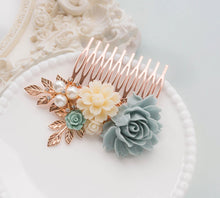 Load image into Gallery viewer, Rose Gold Hair Comb Powder Blue Ivory Bridal Hair Comb Something Blue Wedding Hair Piece Floral Collage Leaf Branch Pearl Rhinestone Comb
