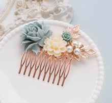 Load image into Gallery viewer, Rose Gold Hair Comb Powder Blue Ivory Bridal Hair Comb Something Blue Wedding Hair Piece Floral Collage Leaf Branch Pearl Rhinestone Comb
