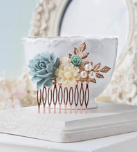 Load image into Gallery viewer, Rose Gold Hair Comb Powder Blue Ivory Bridal Hair Comb Something Blue Wedding Hair Piece Floral Collage Leaf Branch Pearl Rhinestone Comb
