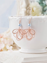 Load image into Gallery viewer, Rose Gold Earrings, Powder Blue Pearl Bridal Earrings, Wedding Jewelry, Rose Gold Jewelry, Bridesmaid Gift, Gift for Her, Something Blue
