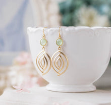 Load image into Gallery viewer, Mint Green and Gold Dangle Earrings, Mint Earrings, Mint Wedding Jewelry, Bridesmaid Gift, Bridesmaid Earrings, Gold Filigree Earrings
