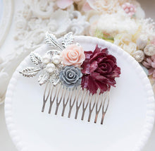 Load image into Gallery viewer, Silver Bridal Hair Comb Maroon Burgundy Dark Red Wedding Hair Comb Red Gray Dusty Pink Flower Pearl Rhinestone Fall Autumn Wedding Comb
