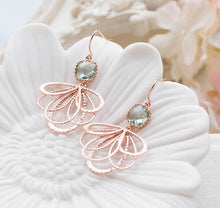 Load image into Gallery viewer, Rose Gold Fan Shape Filigree Erinite Blue Crystal Earrings
