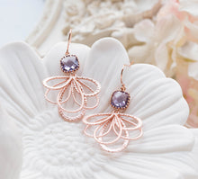 Load image into Gallery viewer, Purple Earrings, Purple Wedding Jewelry, Rose Gold Earrings, Bridesmaid Earrings, Bridesmaid Gift, Rose Gold Jewelry, February Birthday Gift
