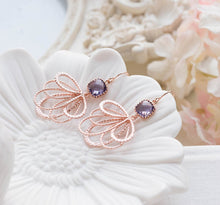 Load image into Gallery viewer, Purple Earrings, Purple Wedding Jewelry, Rose Gold Earrings, Bridesmaid Earrings, Bridesmaid Gift, Rose Gold Jewelry, February Birthday Gift
