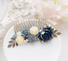 画像をギャラリービューアに読み込む, Navy Blue Wedding Hair Comb, Navy Blue Bridal Comb, Large Gold Dark Blue Gray Dusty Blue Ivory Rose Flower Antique Gold Leaf Hair Piece
