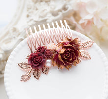 Load image into Gallery viewer, Rose Gold Comb, Burgundy Wedding Hair Accessory, Maroon Bridal Hair Comb, Dark Red Blush Pink, Bridal Hairpiece, Fall Winter Wedding Comb
