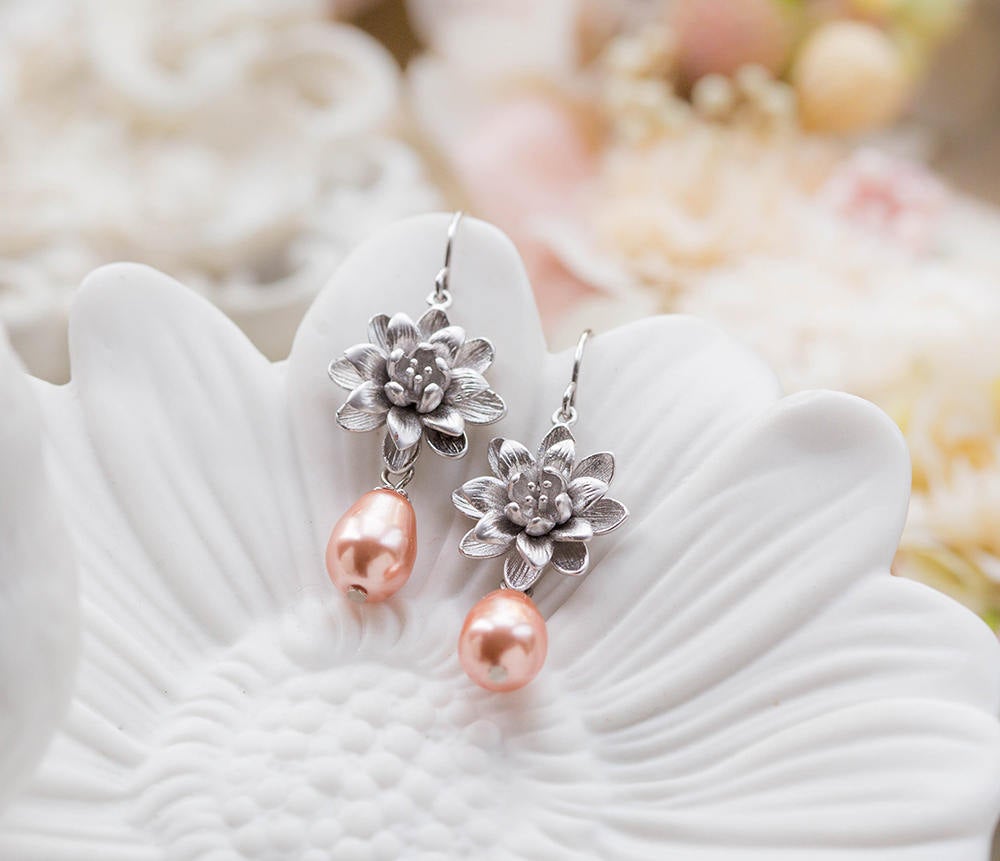 Silver Lotus Flower Peach Teardrop Pearl Earrings, Silver Bridal Earrings, Peach Wedding Jewelry, Bridesmaid Gift, Bridesmaid Earrings