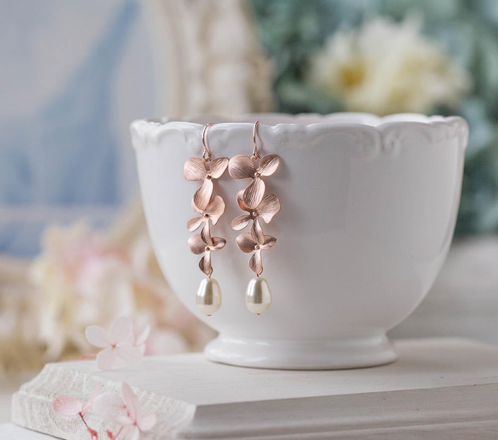 Rose Gold Earrings, Bridal Earrings, Wedding Jewelry, Bridesmaid Gift, Orchid Flower Cream White Pearls Long Dangle Earrings, Bridal Jewelry