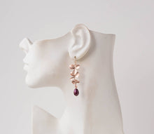 Load image into Gallery viewer, Burgundy Plum Maroon Wedding Bridal Earrings, Rose Gold Cascading Flower Dangle Earrings, Bridesmaid Gift, Teardrop Pearl Dangle Earrings
