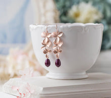 Load image into Gallery viewer, Burgundy Plum Maroon Wedding Bridal Earrings, Rose Gold Cascading Flower Dangle Earrings, Bridesmaid Gift, Teardrop Pearl Dangle Earrings
