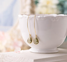 Load image into Gallery viewer, Olive Olivine Green Teardrop Long Dangle Earrings in Gold, Olive Olivine Wedding Jewelry, Bridesmaid Gift, Christmas Gift, Gift for Mom
