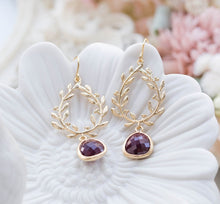 Load image into Gallery viewer, Burgundy Earrings, Maroon Burgundy Wedding Jewelry, Bridesmaid Earrings, Gold Laurel Wreath Dangle Earrings, Dark Red Chandelier Earrings
