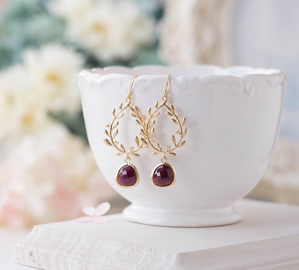 Burgundy Earrings, Maroon Burgundy Wedding Jewelry, Bridesmaid Earrings, Gold Laurel Wreath Dangle Earrings, Dark Red Chandelier Earrings