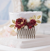 Load image into Gallery viewer, Burgundy Maroon Marsala Dark Red Rose Flower Hair Comb with Gold Leaf Branches, Bridal Hair Comb, Wedding Hair Comb, Large Hair Slide
