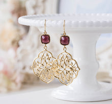 Load image into Gallery viewer, Burgundy and Gold Earrings Wedding Jewelry Bridal Earrings Bridesmaid Gift Maroon Earrings Gold Filigree Anniversary Gift for Her Wife Mom
