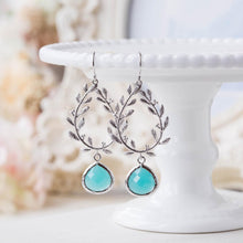 Load image into Gallery viewer, Silver Olive Leaf Branch Wreath Ocean Blue Crystal  Earrings
