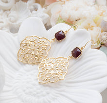 Load image into Gallery viewer, Burgundy and Gold Earrings Wedding Jewelry Bridal Earrings Bridesmaid Gift Maroon Earrings Gold Filigree Anniversary Gift for Her Wife Mom
