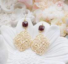 Load image into Gallery viewer, Burgundy and Gold Earrings Wedding Jewelry Bridal Earrings Bridesmaid Gift Maroon Earrings Gold Filigree Anniversary Gift for Her Wife Mom
