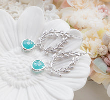 Load image into Gallery viewer, Silver Olive Branch Wreath Ocean Blue Crystal Earrings
