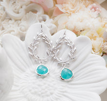 Load image into Gallery viewer, Silver Olive Branch Wreath Ocean Blue Crystal Earrings
