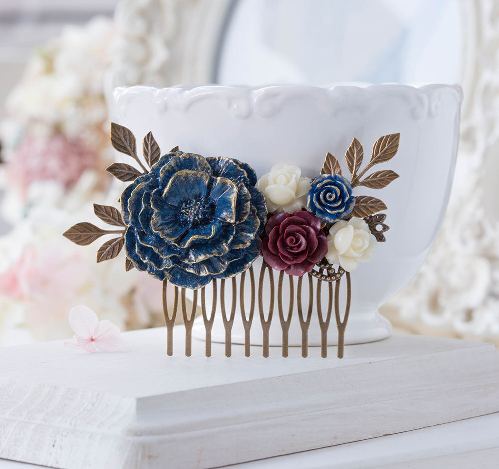 Navy Blue Burgundy Hair Comb, Fall Wedding Bridal Comb, Rustic Vintage Wedding, Antiqued Gold Leaf Floral Hair Piece, Navy Blue Maroon Red