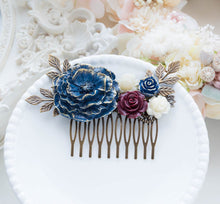 画像をギャラリービューアに読み込む, Navy Blue Burgundy Hair Comb, Fall Wedding Bridal Comb, Rustic Vintage Wedding, Antiqued Gold Leaf Floral Hair Piece, Navy Blue Maroon Red
