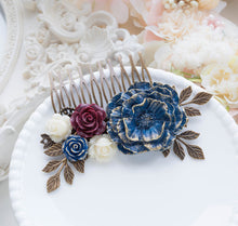 画像をギャラリービューアに読み込む, Navy Blue Burgundy Hair Comb, Fall Wedding Bridal Comb, Rustic Vintage Wedding, Antiqued Gold Leaf Floral Hair Piece, Navy Blue Maroon Red
