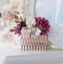 画像をギャラリービューアに読み込む, Plum Burgundy Wedding Rose Gold Bridal Hair Comb White Pearl Crystal Rhinestones Leaf Comb Bridesmaid Gift Bridal Hair Piece Vintage Wedding
